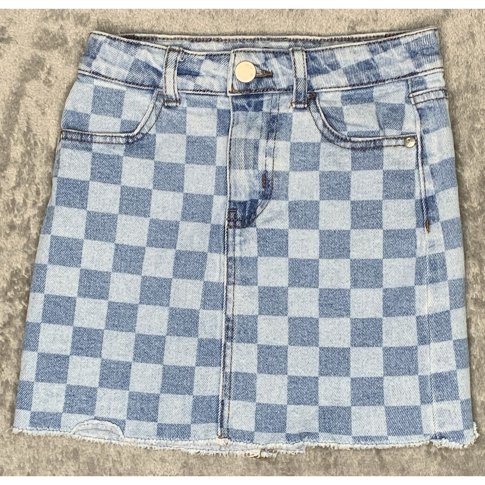 Art Class Girls Checkered Denim Skirt Raw Edge Size 7/8